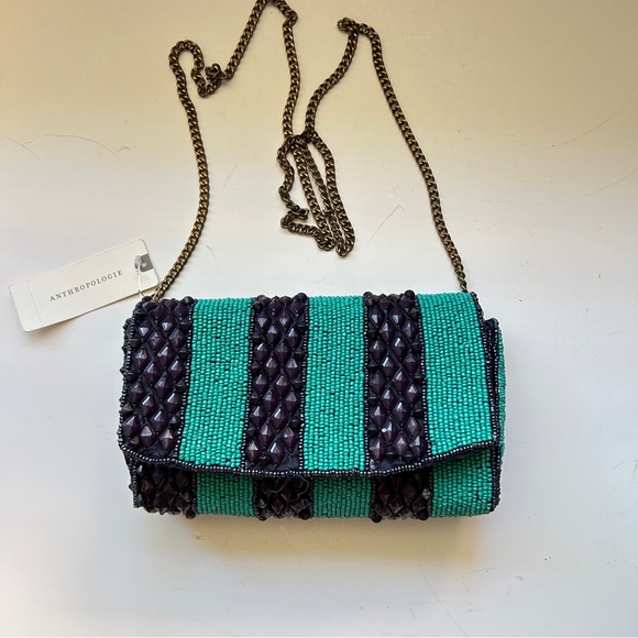 Anthropologie Handbags - Anthropologie Beaded Flap
Shoulder Handbag Clutch Flap
Turquoise Navy Striped